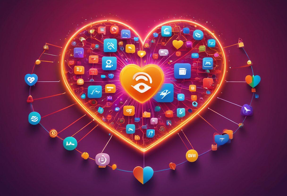 A warm, glowing heart symbol composed of various telecommunications icons like smartphones, satellites, and Wi-Fi signals, interconnected by colorful lines representing emotional connections. In the background, people of diverse ages and ethnicities engage in conversations and video calls, radiating happiness and warmth. The overall atmosphere is one of unity and love fostered through technology. vibrant colors. super-realistic. high detail.