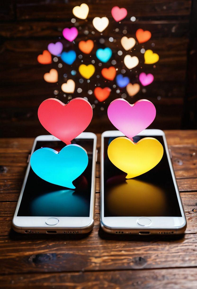 A close-up of two smartphones on a wooden table, with vibrant glowing hearts and chat bubbles floating between them, symbolizing communication and affection. The scene captures a warm, inviting atmosphere with soft lighting reflecting the emotional connection facilitated by mobile calls and texts. Incorporate elements like a coffee cup and personal items to enhance intimacy. super-realistic. vibrant colors. cozy ambiance.