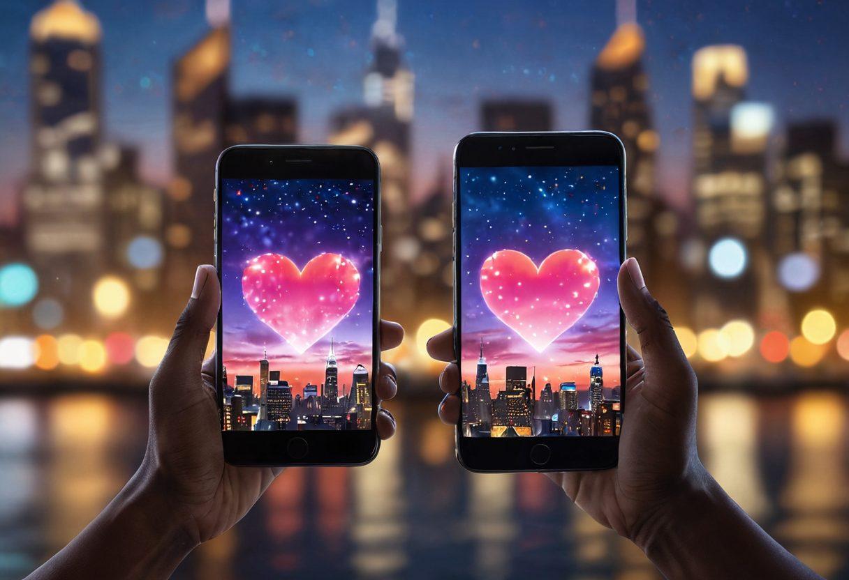 A close-up of two hands holding smartphones, with glowing heart icons appearing between them, symbolizing digital connection. In the background, a soft bokeh effect of romantic city lights at dusk. Bright colors to evoke warmth and affection. super-realistic. vibrant colors.
